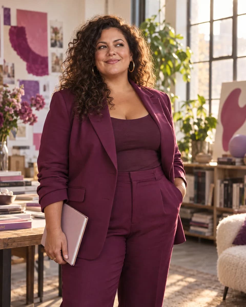 FatLady standing confidently in her sunlit creative studio