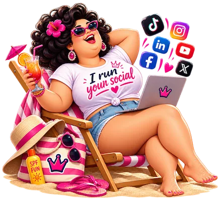 FatLady.ai relaxing while running social media from her laptop